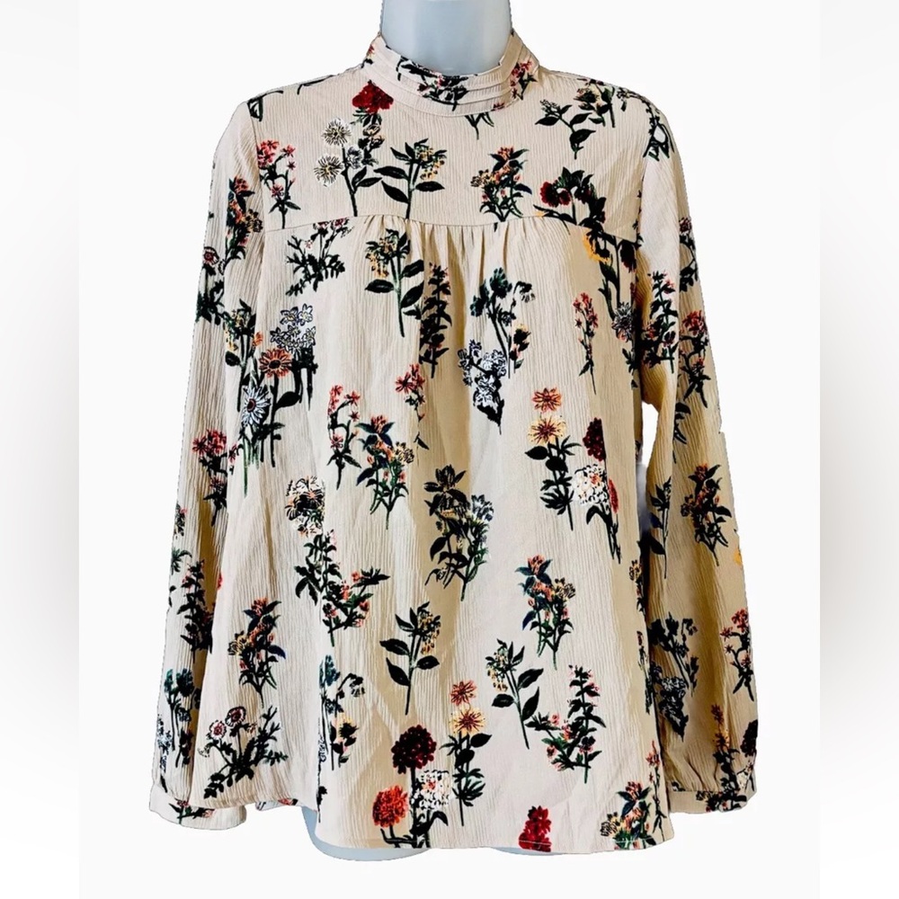 NWT Loveriche Boho Botanical Floral High Neck LS Keyhole Blouse Top Size L